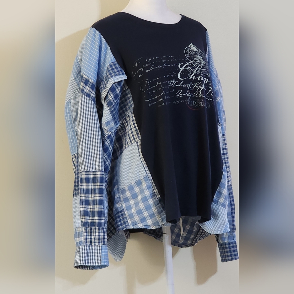 Custom Unique Boho Patchwork Denim & T-Shirt Long Sleeved Top